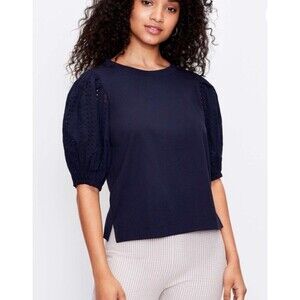 Ann Taylor loft navy blue eyelet balloon sleeve top Size XS